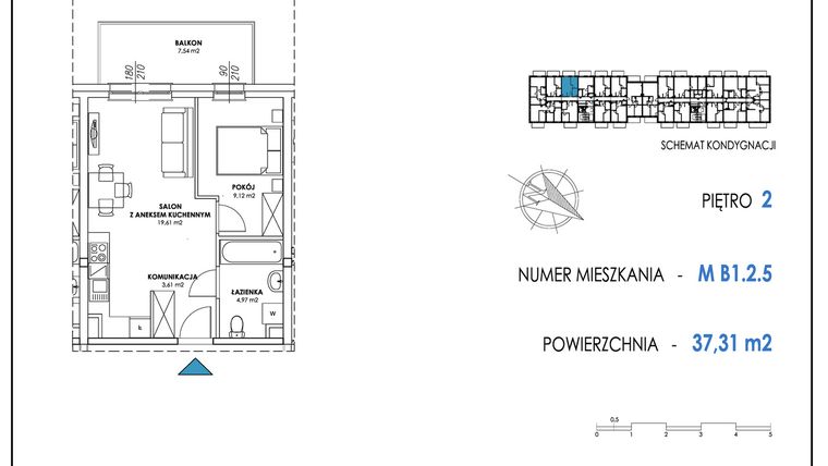 Rzut - Mieszkanie na sprzedaż 2 pokoje o powierzchni 37,35 m² - numer B1.2.5 w Apartamenty Nowe Miasto