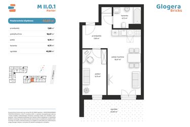 Rzut - Mieszkanie na sprzedaż 2 pokoje o powierzchni 40,63 m² - numer M II.0.1 w Glogera Bricks