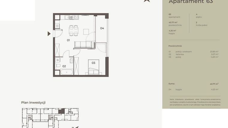 Rzut - Mieszkanie na sprzedaż 2 pokoje o powierzchni 43,77 m² - numer 63 w Monument