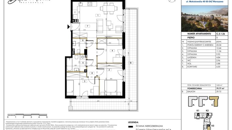 Rzut - Mieszkanie na sprzedaż 4 pokoje o powierzchni 79,72 m² - numer C.3.1.26 w Rezydencja Dolina Mokotów