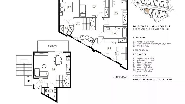 Rzut - Mieszkanie na sprzedaż 3 pokoje o powierzchni 107,77 m² - numer B16/M2 w Wille Estezja