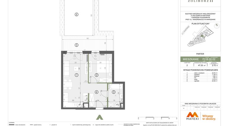 Rzut - Mieszkanie na sprzedaż 2 pokoje o powierzchni 47,33 m² - numer F2.B.00.02 w Sady Żoliborz II