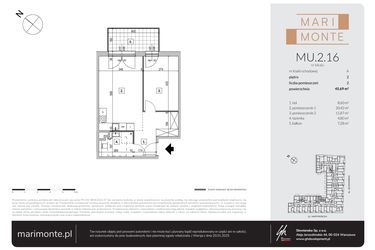 Rzut - Mieszkanie na sprzedaż 2 pokoje o powierzchni 45,69 m² - numer MU.2.16 w Marimonte - apartamenty inwestycyjne