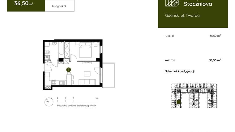 Rzut - Mieszkanie na sprzedaż 1 pokój o powierzchni 36,5 m² - numer 3.A.1.01 w Murapol Stoczniova