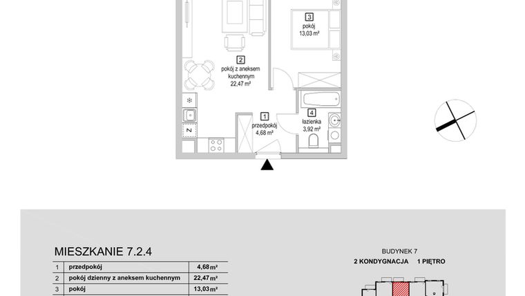 Rzut - Mieszkanie na sprzedaż 2 pokoje o powierzchni 44,1 m² - numer 7.2.4 w Osiedle Przyjemne IV