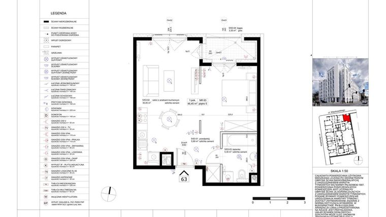 Rzut - Mieszkanie na sprzedaż 1 pokój o powierzchni 46,84 m² - numer 63 w Biała Kamienica