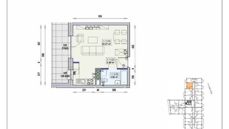 Rzut - Mieszkanie na sprzedaż 1 pokój o powierzchni 29,92 m² - numer 1/1/3/1a w Gwarna