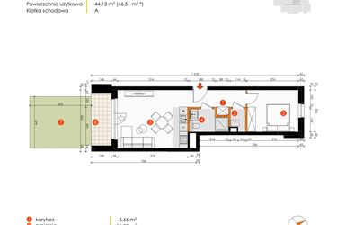 Rzut - Mieszkanie na sprzedaż 2 pokoje o powierzchni 44,13 m² - numer A.1.1 w Platanowy Park etap IV