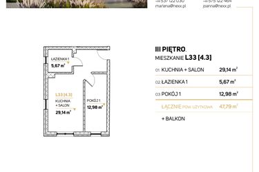 Rzut - Mieszkanie na sprzedaż 2 pokoje o powierzchni 47,43 m² - numer LR33-4.3 w Zimowa Apartamenty
