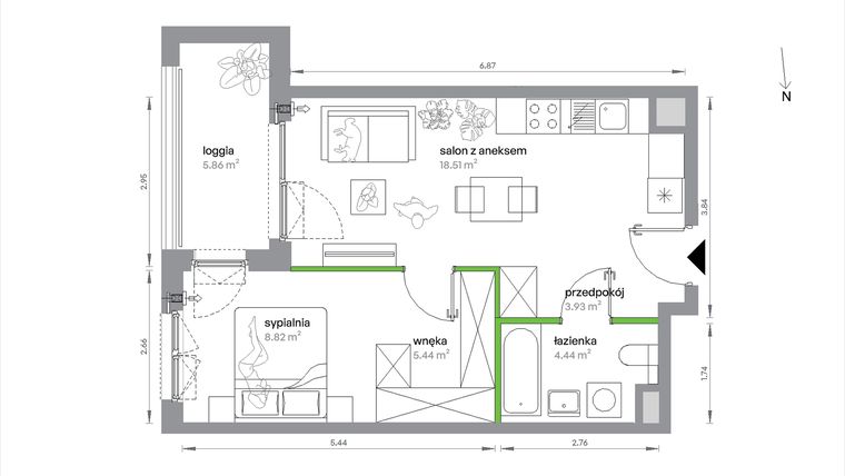 Rzut - Mieszkanie na sprzedaż 2 pokoje o powierzchni 41,14 m² - numer 1/A/2/5 w Sochaczewska Vita