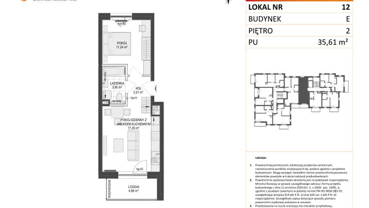 Rzut - Mieszkanie na sprzedaż 2 pokoje o powierzchni 35,61 m² - numer E.12 w Osiedle Warszawska