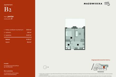 Rzut - Mieszkanie na sprzedaż 2 pokoje o powierzchni 41,39 m² - numer B2 w Mazowiecka 115
