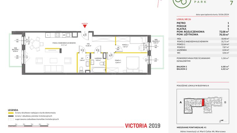 Rzut - Mieszkanie na sprzedaż 3 pokoje o powierzchni 72,08 m² - numer 26 w Olchowy Park VII