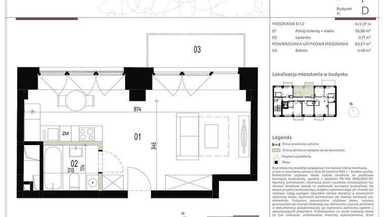 Rzut - Mieszkanie na sprzedaż 1 pokój o powierzchni 30,57 m² - numer D.1.2 w Nowa Stawowa