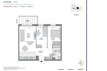 Rzut - Mieszkanie na sprzedaż 3 pokoje o powierzchni 58,27 m² - numer A.1.7 w Linea bud. A
