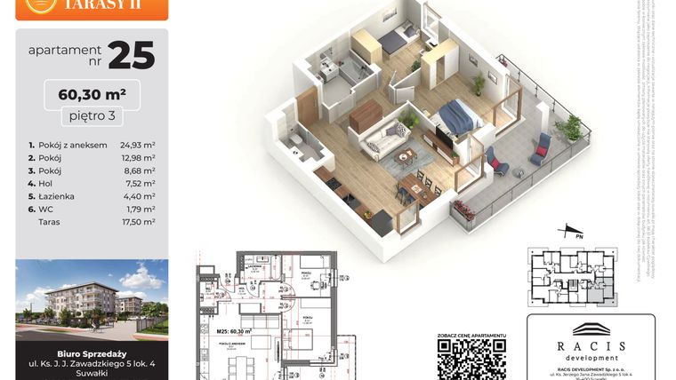 Rzut - Mieszkanie na sprzedaż 3 pokoje o powierzchni 60,3 m² - numer 25 w Słoneczne Tarasy II