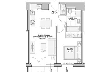 Rzut - Mieszkanie na sprzedaż 2 pokoje o powierzchni 40,15 m² - numer WO/P33/12 w Wiszące Ogrody