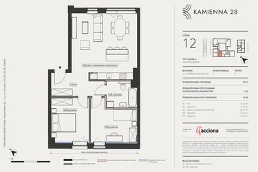 Rzut - Mieszkanie na sprzedaż 3 pokoje o powierzchni 71,86 m² - numer 12 w Kamienna 28