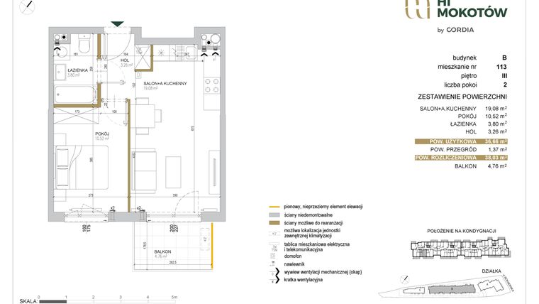 Rzut - Mieszkanie na sprzedaż 2 pokoje o powierzchni 36,57 m² - numer A1.B.113 w Hi Mokotów