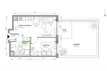 Rzut - Mieszkanie na sprzedaż 2 pokoje o powierzchni 36,9 m² - numer 1/A/1/6 w Sochaczewska Vita