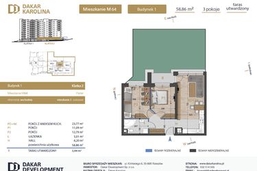 Rzut - Mieszkanie na sprzedaż 3 pokoje o powierzchni 58,86 m² - numer 64 w Osiedle Dakar Karolina
