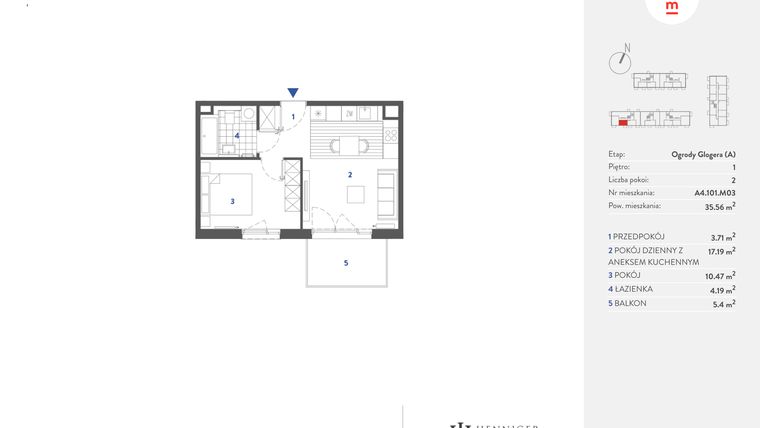 Rzut - Mieszkanie na sprzedaż 2 pokoje o powierzchni 35,66 m² - numer A4.101.M03 w Mieszkaj w mieście - Ogrody Glogera