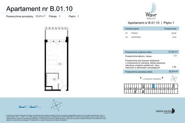 Rzut - Mieszkanie na sprzedaż 1 pokój o powierzchni 32,69 m² - numer B.01.10 w Wave Świnoujście Thermal & Spa