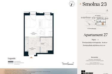 Rzut - Mieszkanie na sprzedaż 1 pokój o powierzchni 36,68 m² - numer U.4.27 w Smolna 23