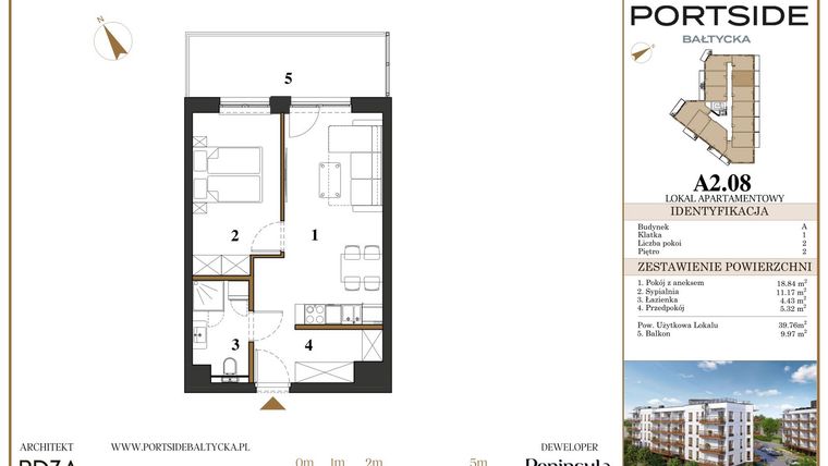 Rzut - Mieszkanie na sprzedaż 2 pokoje o powierzchni 39,76 m² - numer A2.08 w Portside Bałtycka