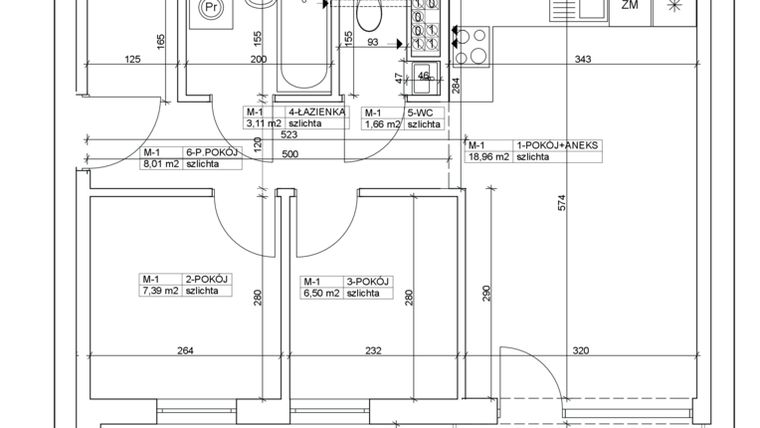 Rzut - Mieszkanie na sprzedaż 3 pokoje o powierzchni 45,63 m² - numer 1 w Bydgoska 19