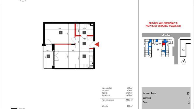 Rzut - Mieszkanie na sprzedaż 2 pokoje o powierzchni 44,67 m² - numer D.27 w Skrajna 9 bud. D