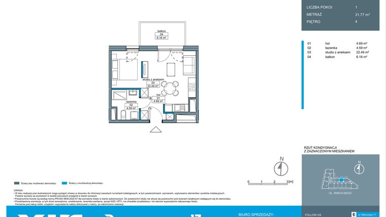 Rzut - Mieszkanie na sprzedaż 1 pokój o powierzchni 31,74 m² - numer A.4.2 w Rakoczego 17