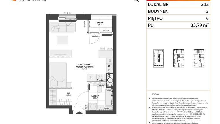 Rzut - Mieszkanie na sprzedaż 1 pokój o powierzchni 33,79 m² - numer G.213 w DOKI etap II (bud. G)