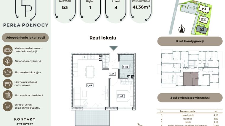 Rzut - Mieszkanie na sprzedaż 2 pokoje o powierzchni 41,36 m² - numer B3.1_4 w Perła Północy etap 2