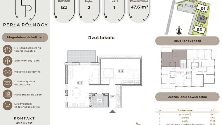 Rzut - Mieszkanie na sprzedaż 2 pokoje o powierzchni 47,61 m² - numer B2.2_1 w Perła Północy etap 2