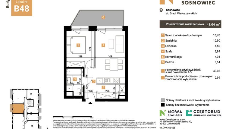 Rzut - Mieszkanie na sprzedaż 2 pokoje o powierzchni 41,04 m² - numer B48 w Nowy Sosnowiec