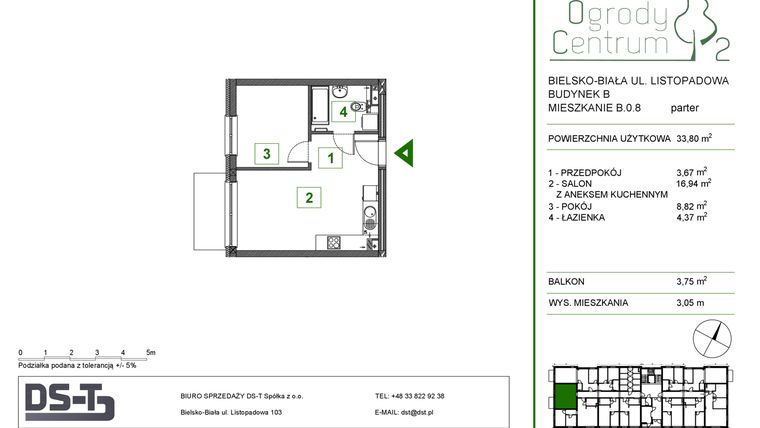 Rzut - Mieszkanie na sprzedaż 2 pokoje o powierzchni 33,8 m² - numer B.0.8 w Ogrody Centrum 2