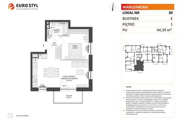 Rzut - Mieszkanie na sprzedaż 2 pokoje o powierzchni 44,39 m² - numer E.30 w Osiedle Warszawska