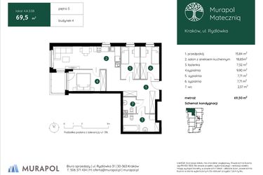 Rzut - Mieszkanie na sprzedaż 4 pokoje o powierzchni 69,5 m² - numer 4.A.3.08 w Murapol Mateczniq