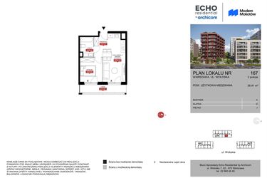 Rzut - Mieszkanie na sprzedaż 2 pokoje o powierzchni 36,41 m² - numer A.167 w Modern Mokotów etap 1 budynek A, B1 i B2