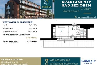 Rzut - Mieszkanie na sprzedaż 1 pokój o powierzchni 20,67 m² - numer A-38 w Port 69