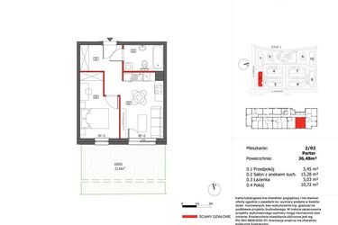 Rzut - Mieszkanie na sprzedaż 2 pokoje o powierzchni 36,48 m² - numer 2/2 w Słoneczny Zakątek
