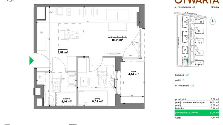 Rzut - Mieszkanie na sprzedaż 2 pokoje o powierzchni 37,45 m² - numer B2-22 w Forma Otwarta etap II