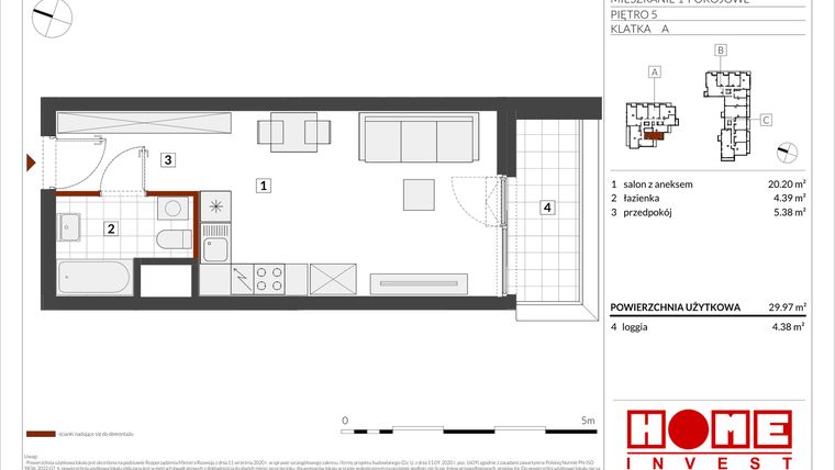Rzut - Mieszkanie na sprzedaż 1 pokój o powierzchni 29,97 m² - numer B2-A042 w Warszawski Świt etap IX