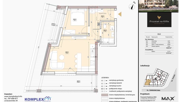 Rzut - Mieszkanie na sprzedaż 1 pokój o powierzchni 39,57 m² - numer M11 w Przystań na Klifie