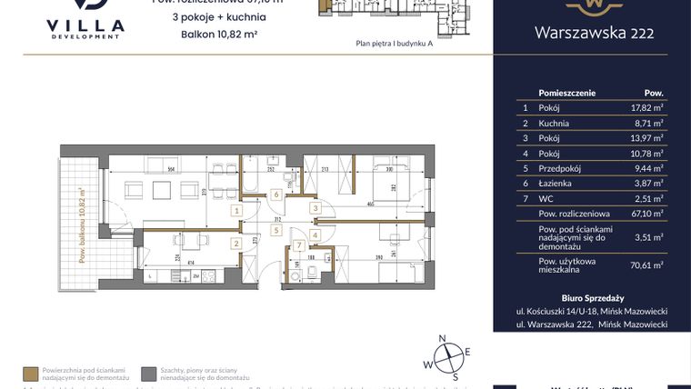 Rzut - Mieszkanie na sprzedaż 3 pokoje o powierzchni 67,1 m² - numer 45A w Warszawska 222