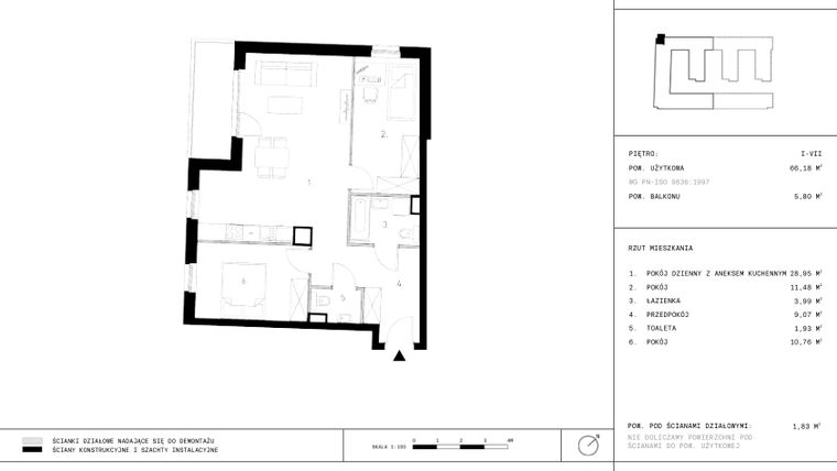 Rzut - Mieszkanie na sprzedaż 3 pokoje o powierzchni 66,18 m² - numer A25 P.I w Jurowiecka 22