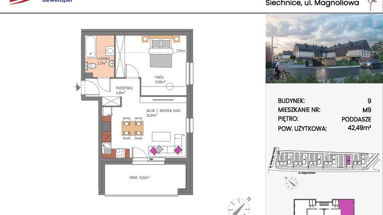 Rzut - Mieszkanie na sprzedaż 2 pokoje o powierzchni 42,49 m² - numer Bud.9-9 w Willa Magnolia