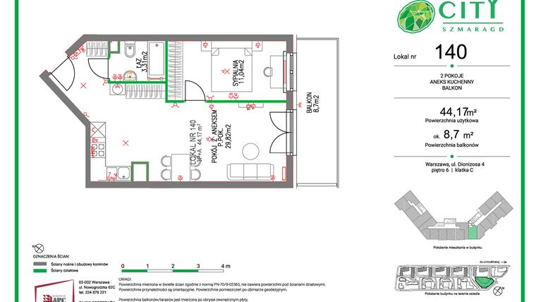 Rzut - Mieszkanie na sprzedaż 2 pokoje o powierzchni 44,17 m² - numer 140 w Comfort City Szmaragd