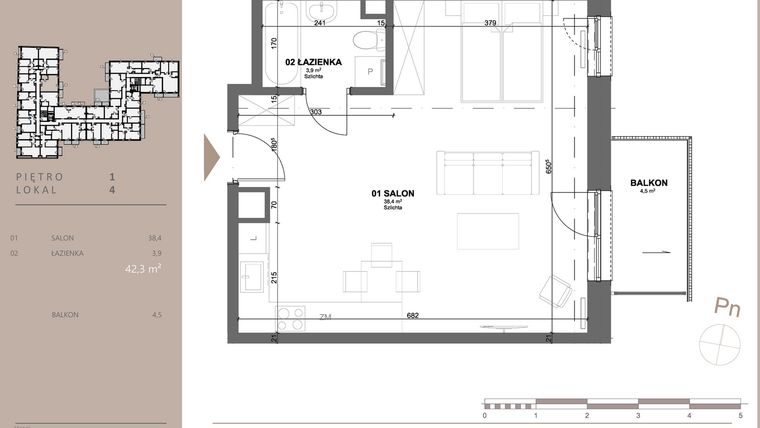 Rzut - Mieszkanie na sprzedaż 1 pokój o powierzchni 42,15 m² - numer 4 w BETWEEN